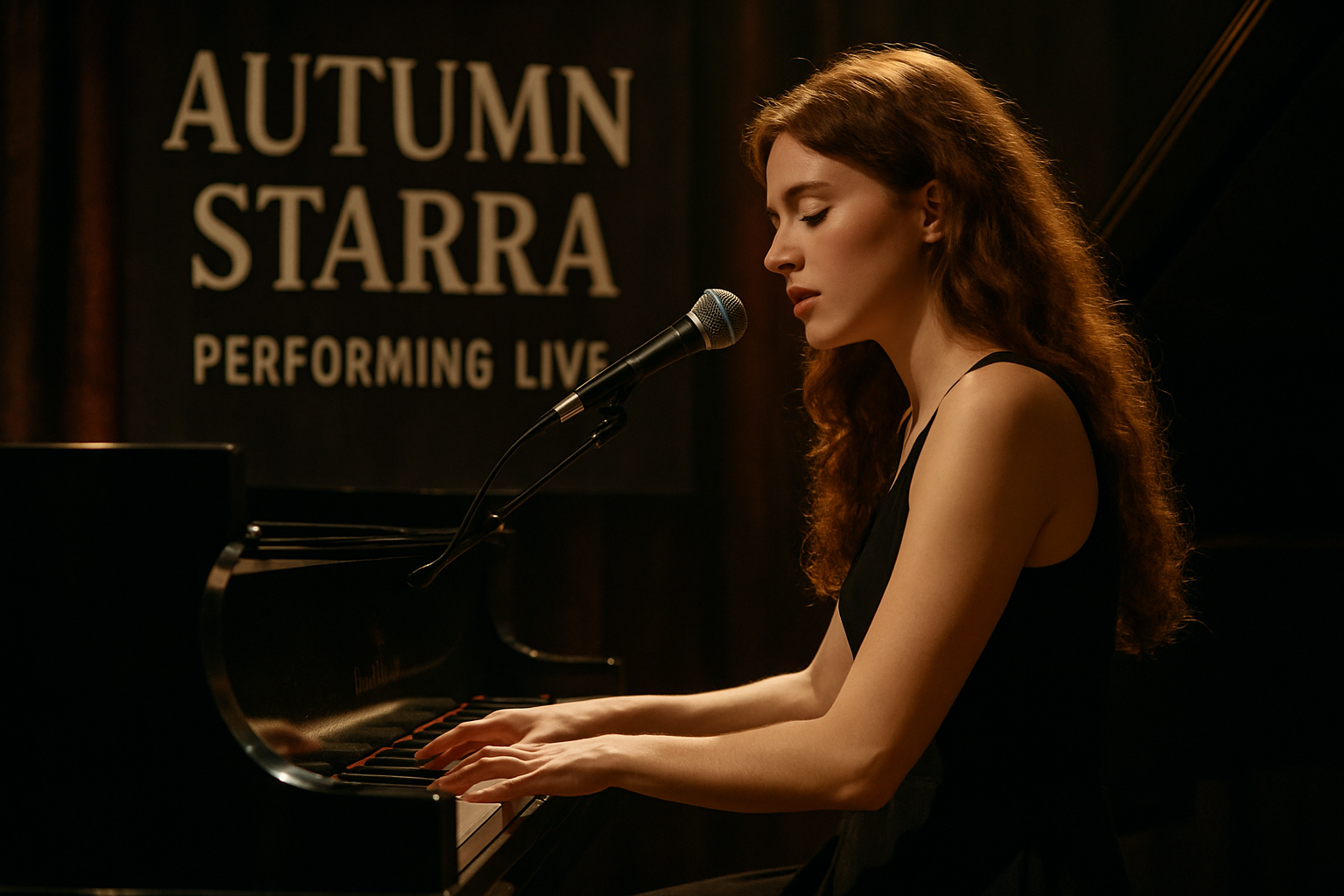 Autumn Starra performing live on a grand piano