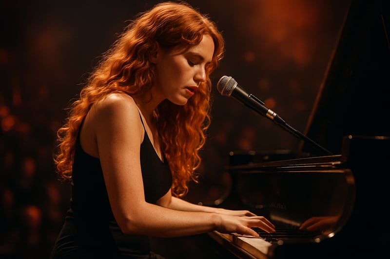 Autumn Starra performing on piano at a live concert.