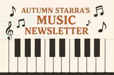 Piano keys with musical notes, representing Autumn Starra's music newsletter